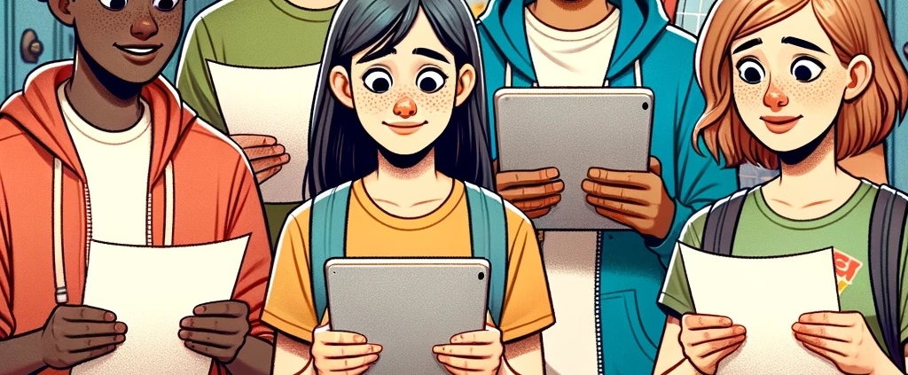 Students looking at test scores on tablets or paper