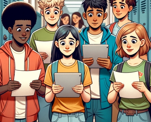 Students looking at test scores on tablets or paper
