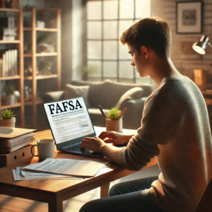 Male student working on FAFSA on his laptop