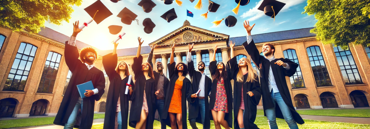 Group of students celebrating graduation with the traditional cap toss