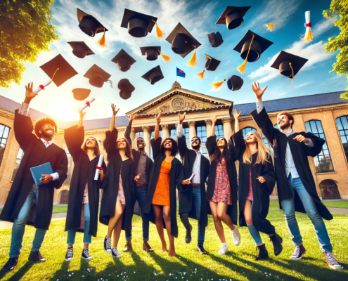 Group of students celebrating graduation with the traditional cap toss