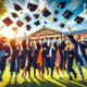 Group of students celebrating graduation with the traditional cap toss
