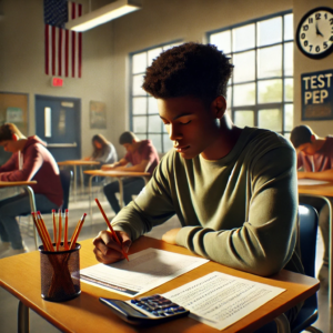 Student taking a test in a classroom