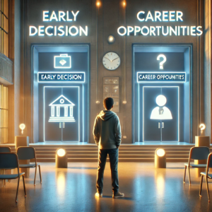 Futuristic depiction of a student making college decisions
