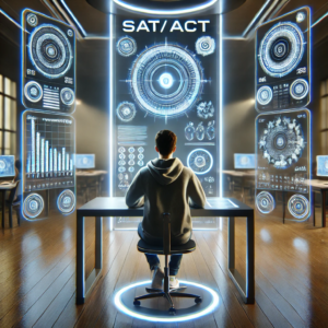 Futuristic picture of a student sitting at a desk preparing for the SAT and ACT