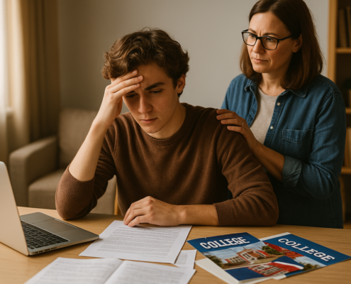 Mother supporting son as he works on applications