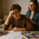 Mother supporting son as he works on applications