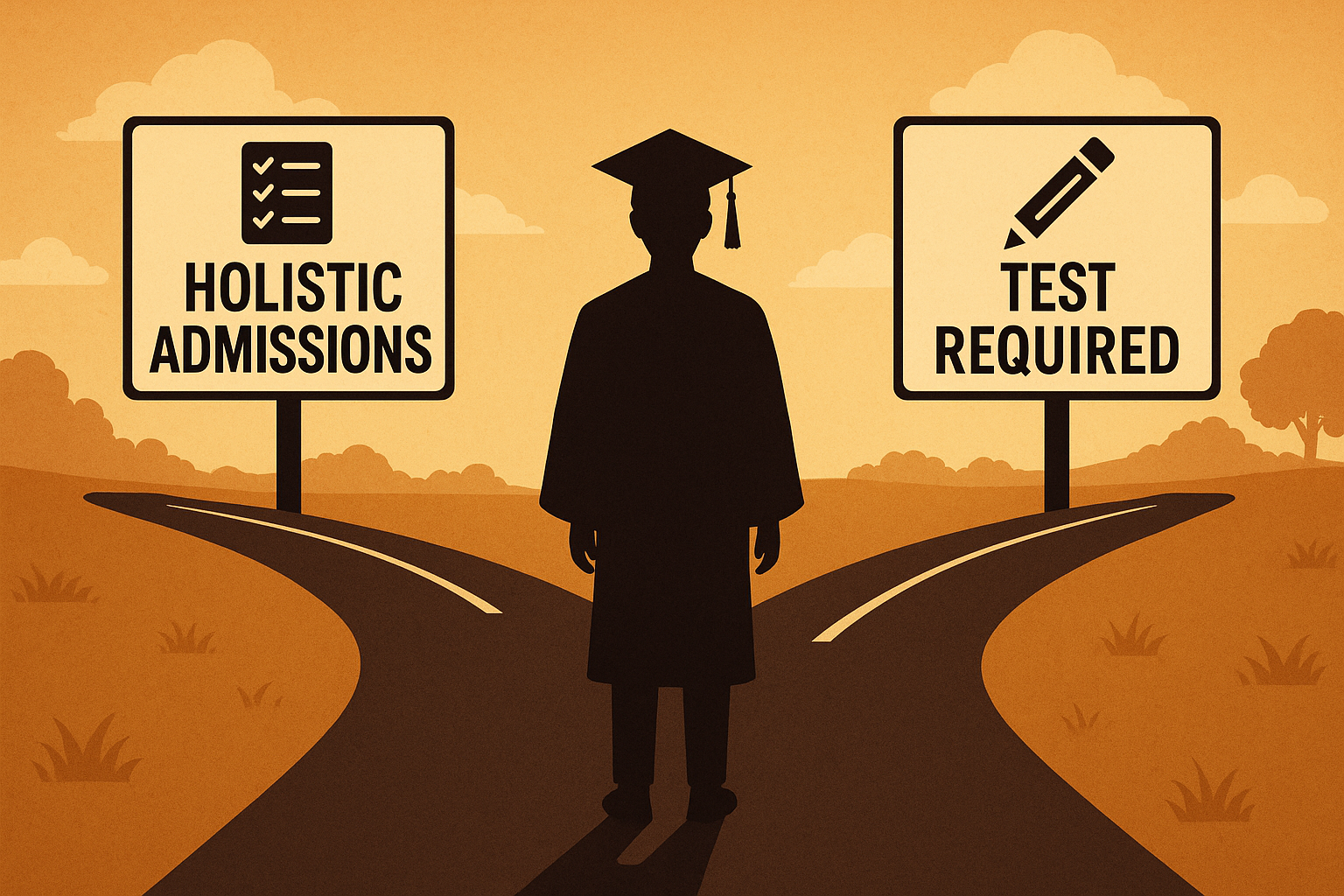 student at a fork of holistic and test required admissions