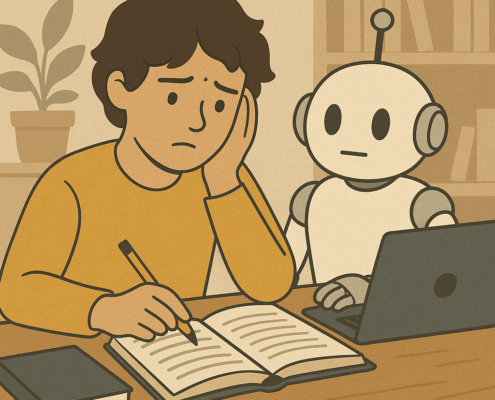 Student writing with a robot assistant