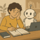 Student writing with a robot assistant