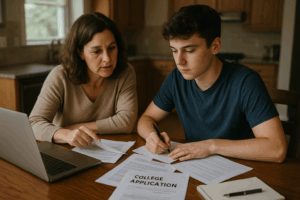 Mother and son working on college applications
