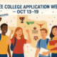 Texas high school students celebrating college applications during Free Application Week with university logos and Texas flag imagery.