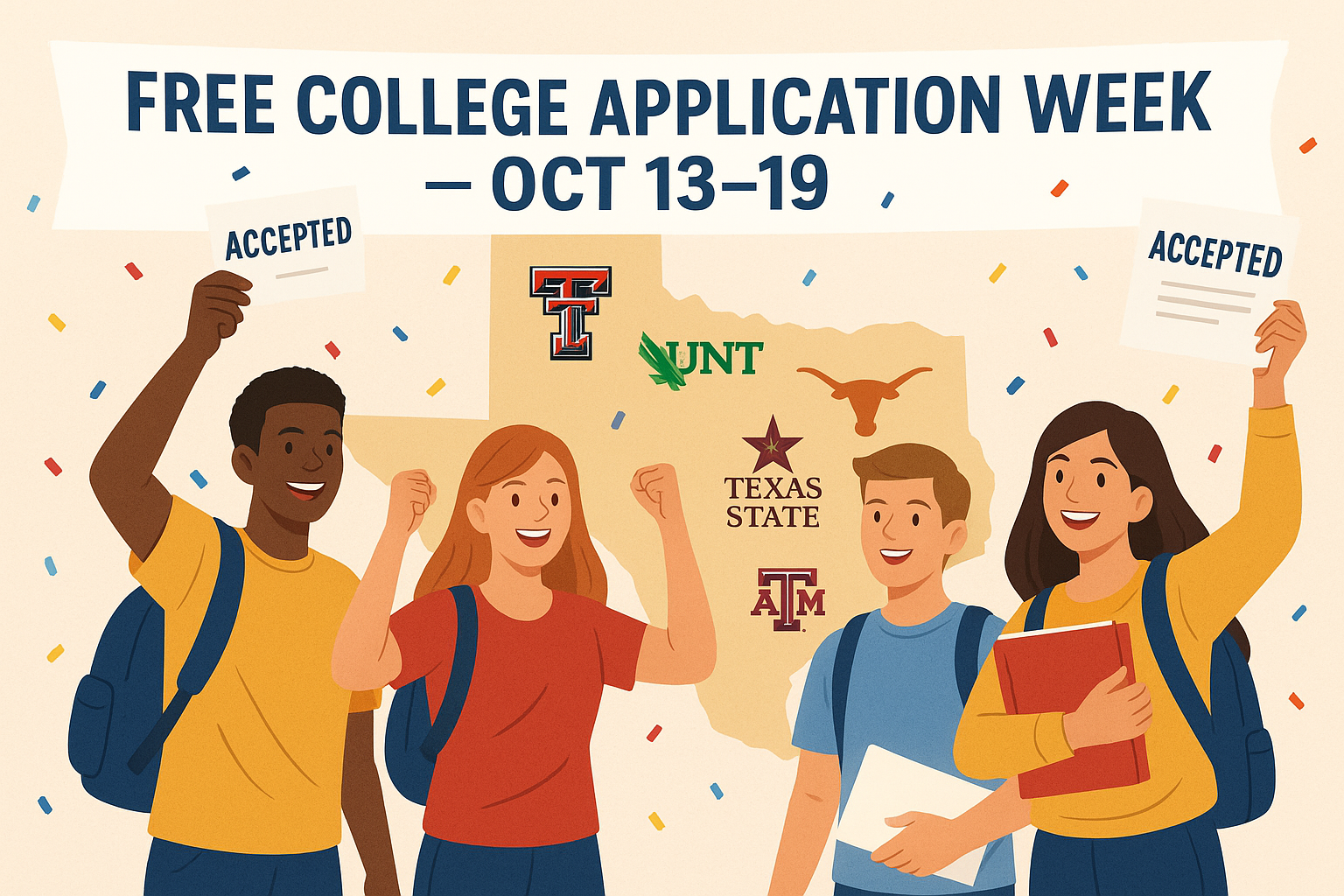 Texas high school students celebrating college applications during Free Application Week with university logos and Texas flag imagery.