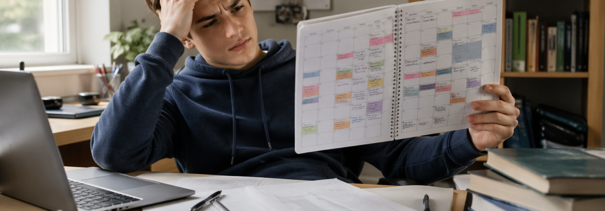 Student sitting at desk overwhelmed by schedule
