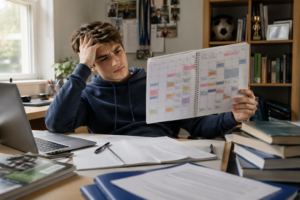 Student sitting at desk overwhelmed by schedule