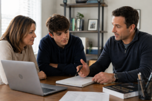 Tutor talking with mother and son about test prep play.