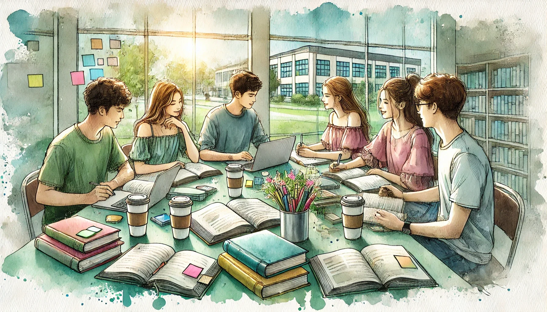 DALL·E-2025-01-11-19.50.52-A-watercolor-style-illustration-of-a-group-of-students-studying-together-at-a-table.-The-table-is-filled-with-open-books-notebooks-and-laptops-whil