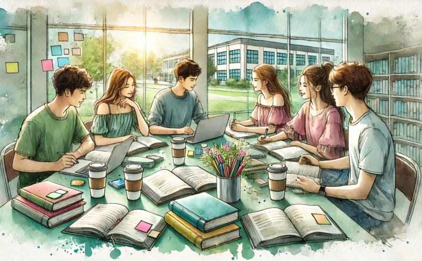DALL·E-2025-01-11-19.50.52-A-watercolor-style-illustration-of-a-group-of-students-studying-together-at-a-table.-The-table-is-filled-with-open-books-notebooks-and-laptops-whil