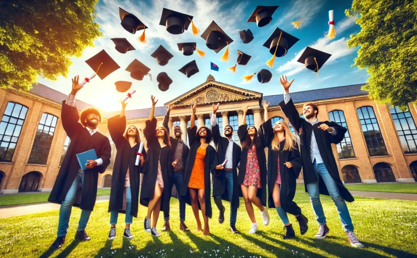 DALL·E-2025-01-11-20.35.28-A-vibrant-photograph-of-a-diverse-group-of-college-students-celebrating-graduation-outdoors.-They-are-wearing-graduation-caps-and-gowns-throwing-thei