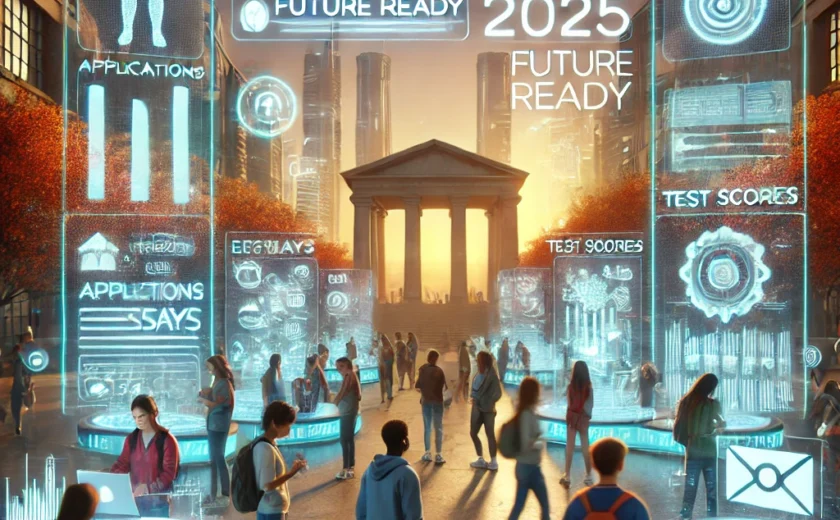 DALL·E-2025-01-25-11.30.36-A-professional-concept-art-of-a-futuristic-college-admissions-process.-The-scene-features-a-diverse-group-of-students-interacting-with-glowing-digital