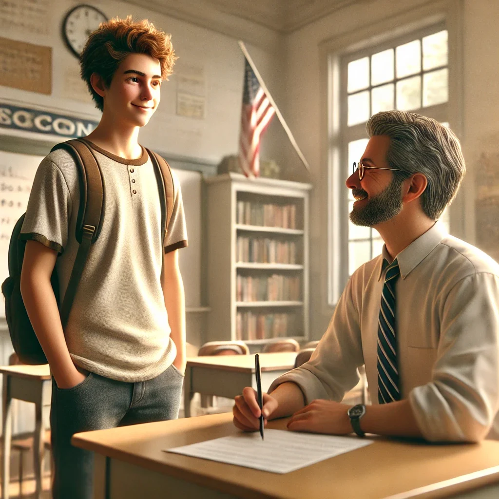 DALL·E-2025-02-10-14.04.29-A-realistic-digital-illustration-of-a-high-school-student-in-a-classroom-politely-asking-a-teacher-for-a-letter-of-recommendation.-The-student-wearin