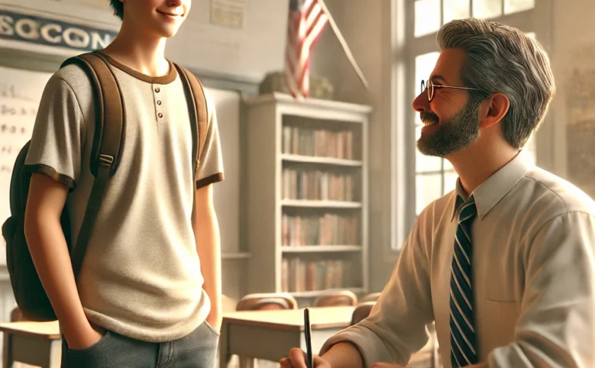 DALL·E-2025-02-10-14.04.29-A-realistic-digital-illustration-of-a-high-school-student-in-a-classroom-politely-asking-a-teacher-for-a-letter-of-recommendation.-The-student-wearin