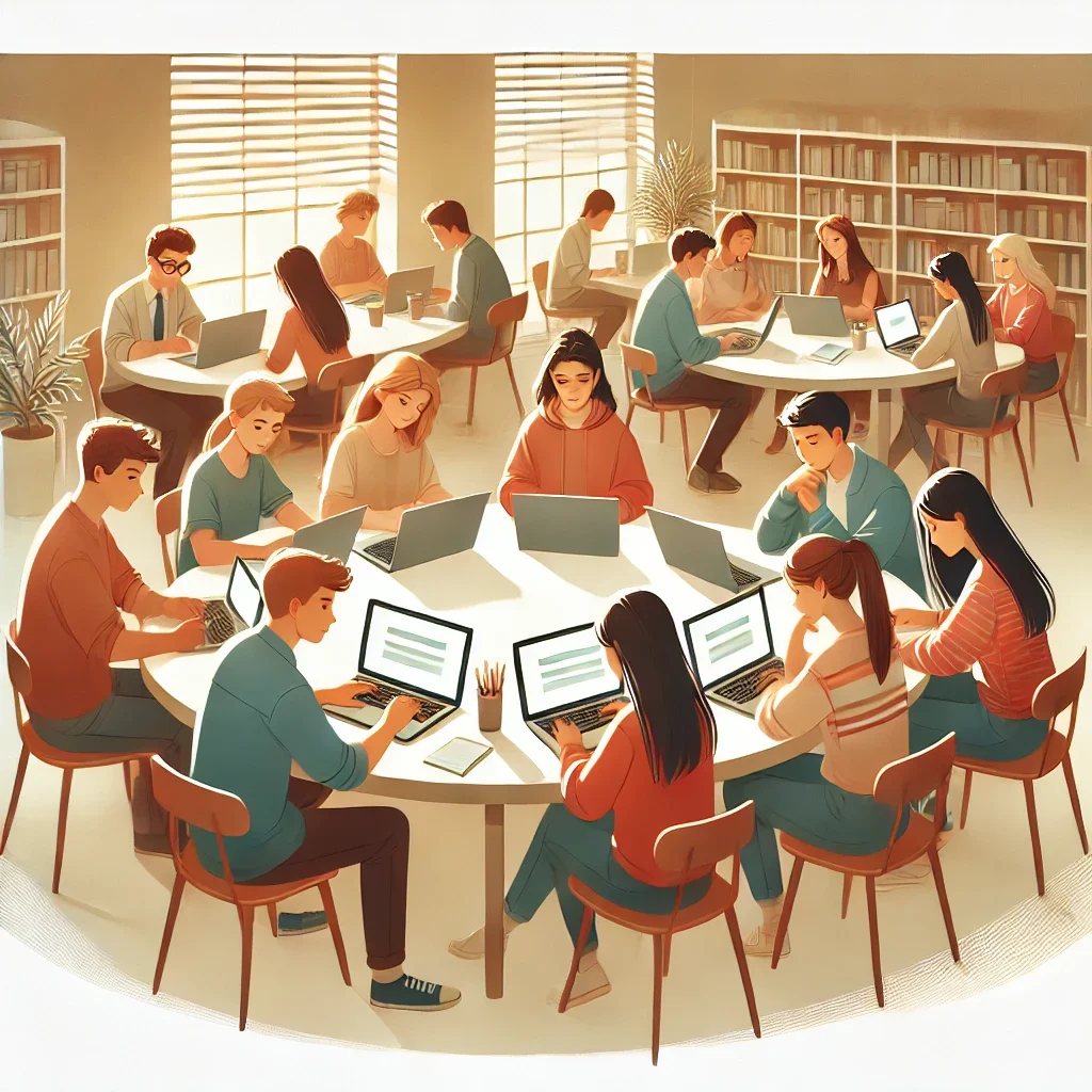 DALL·E-2025-03-09-11.34.34-A-modern-digital-illustration-of-high-school-students-sitting-at-a-shared-circular-table-in-a-well-lit-study-space-working-on-their-college-applicati