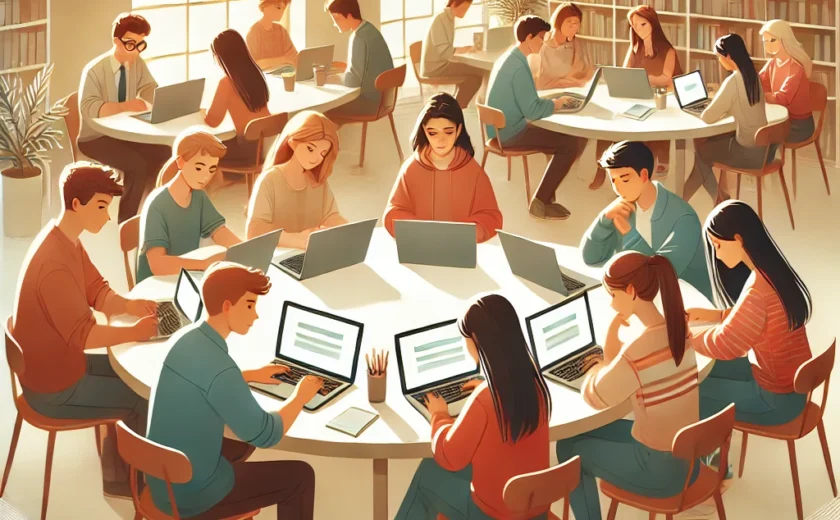 DALL·E-2025-03-09-11.34.34-A-modern-digital-illustration-of-high-school-students-sitting-at-a-shared-circular-table-in-a-well-lit-study-space-working-on-their-college-applicati