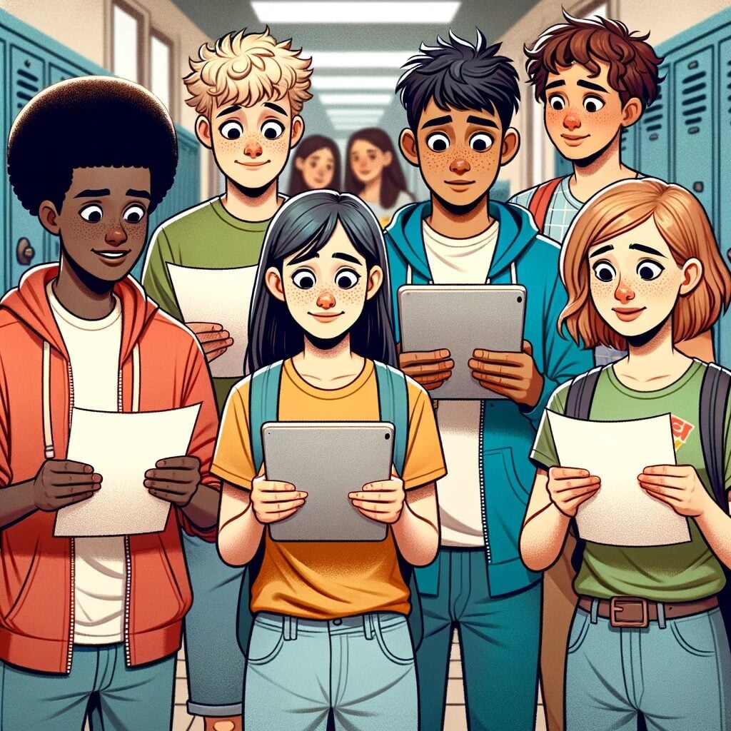 Students looking at test scores on tablets or paper