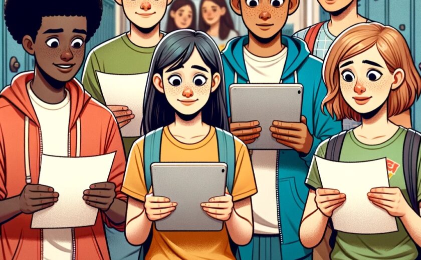 Students looking at test scores on tablets or paper