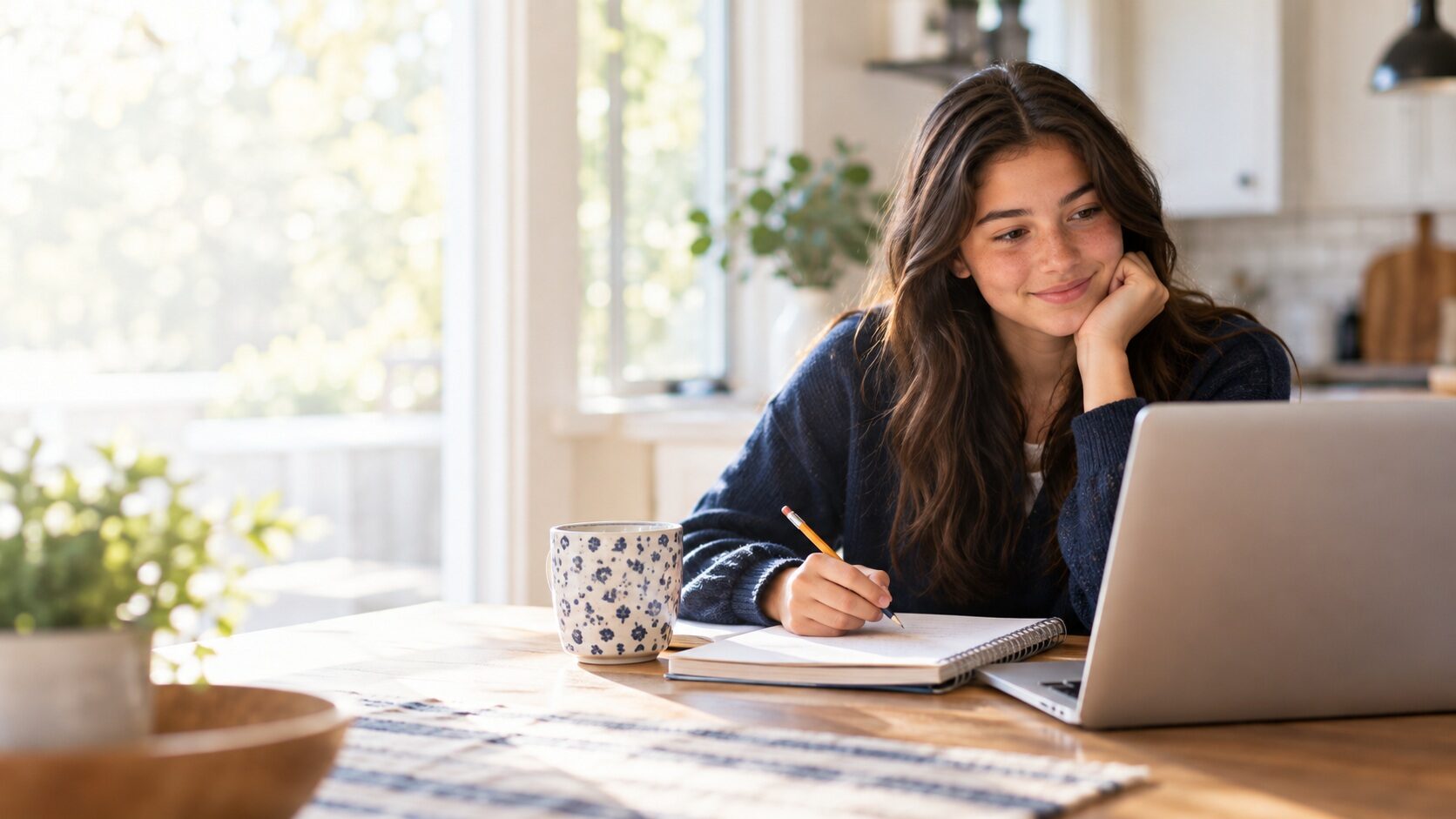Girl sitting at table review PSAT results